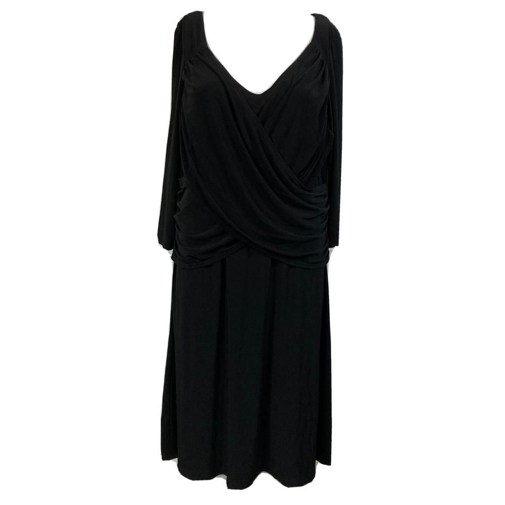 B-Slim Dress‎ Womens Sz 1X Plus Black Jersey Knit 3/4 Sleeve Faux Wrap A Line